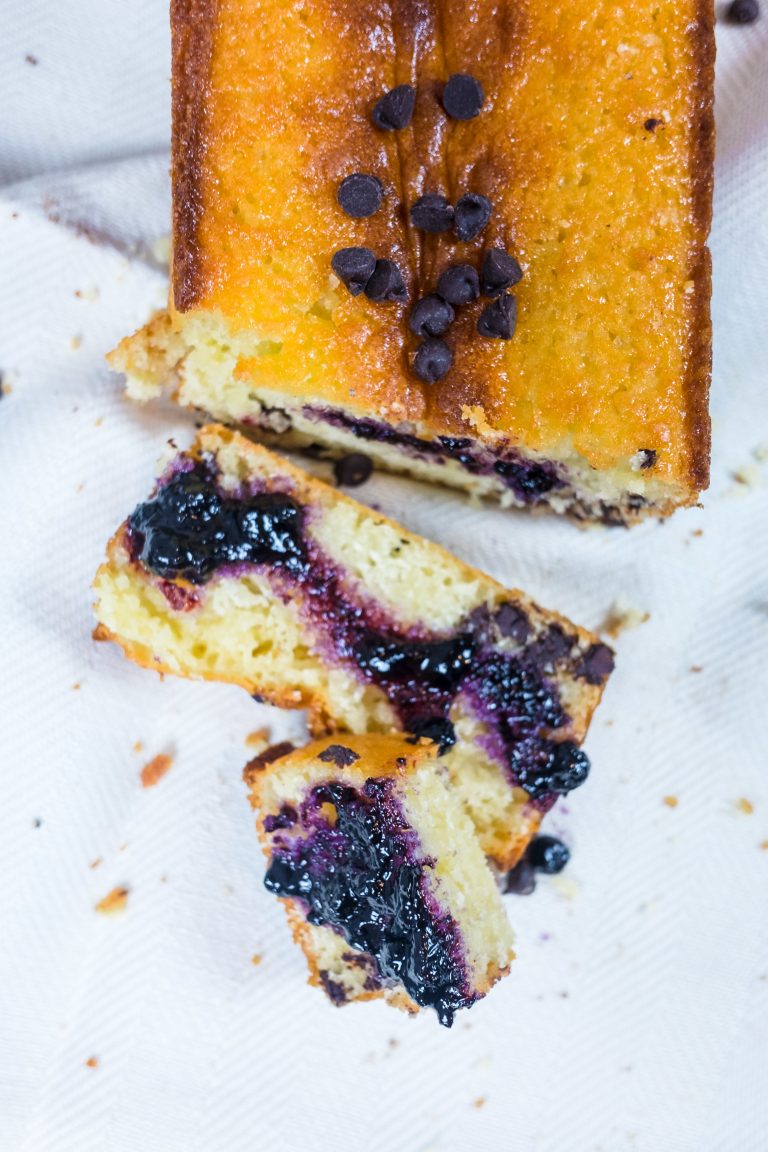 Home made plum cake with blueberries jam