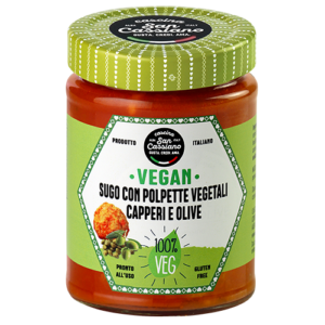 Sugo con polpette vegetali capperi e olive
